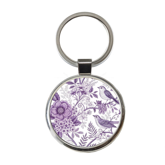 Purple On White Toile With Birds Round Metal Keychain