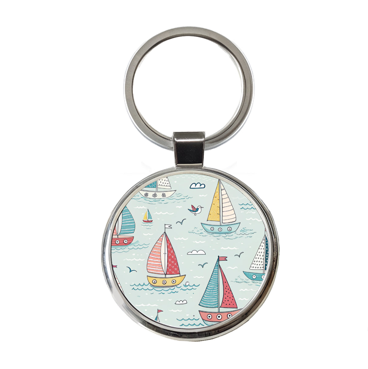 Sailboats Scattered Round Metal Keychain