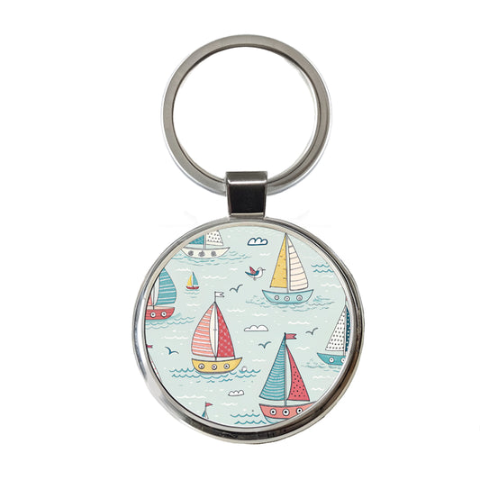 Sailboats Scattered Round Metal Keychain