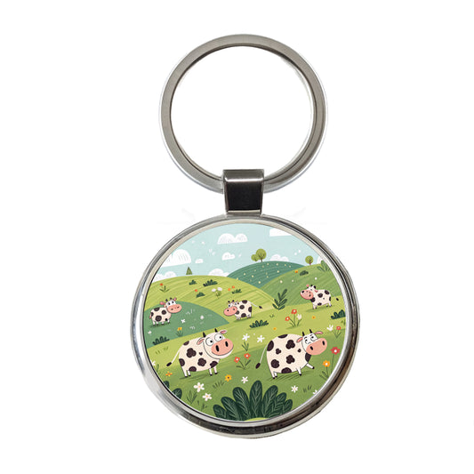 Scattered Cows Round Metal Keychain