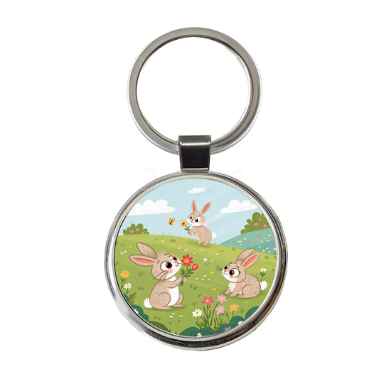 Scattered Cute Rabbits Bunnies Easter Round Metal Keychain