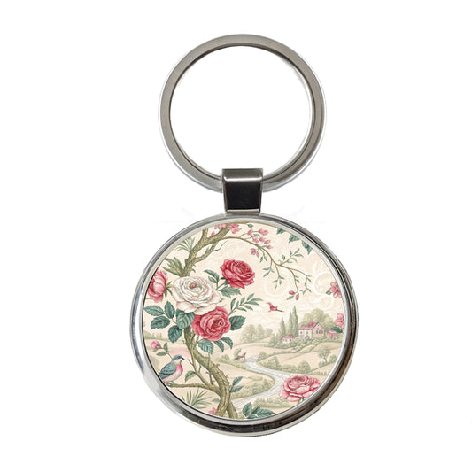 Toile Pattern Flowers Birds Round Metal Keychain