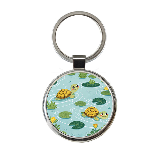 Turtles Swimming In Pond Round Metal Keychain