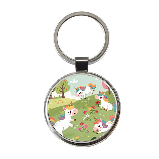 Unicorns Playing Cute Round Metal Keychain