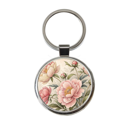 Vintage Peony Flowers Round Metal Keychain