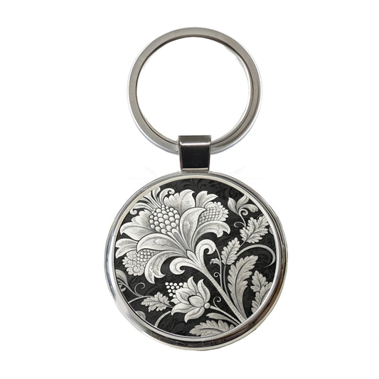 White Damask On Black Round Metal Keychain