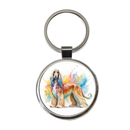 Afghan Hound Dog Watercolor Style Round Metal Keychain