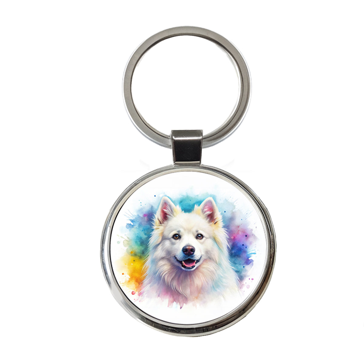 American Eskimo Dog Watercolor Style Round Metal Keychain