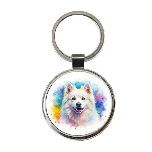 American Eskimo Dog Watercolor Style Round Metal Keychain