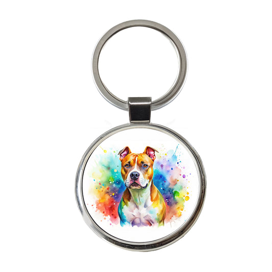 American Staffordshire Terrier Dog Watercolor Style Round Metal Keychain