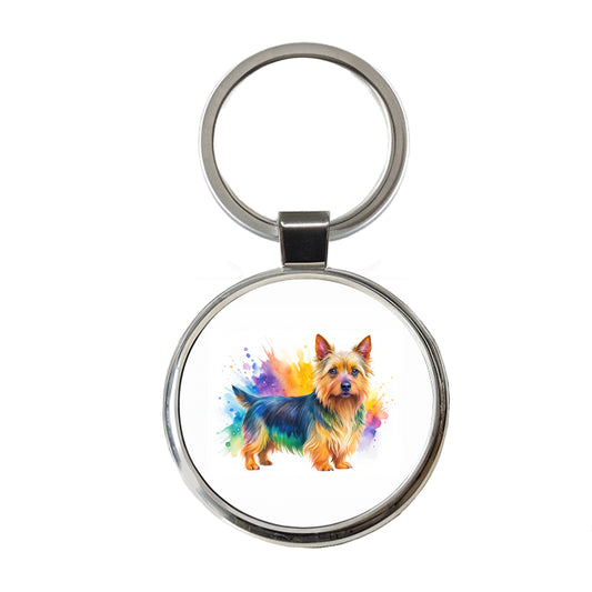 Australian Terrier Dog Watercolor Style Round Metal Keychain