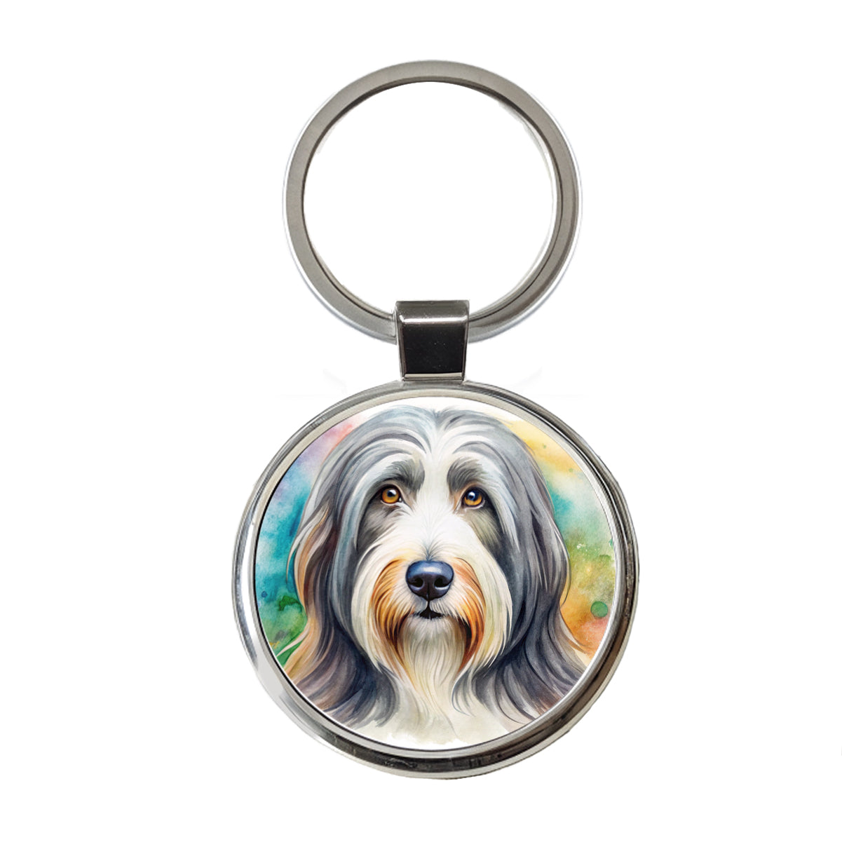Bearded Collie Dog Watercolor Style Round Metal Keychain