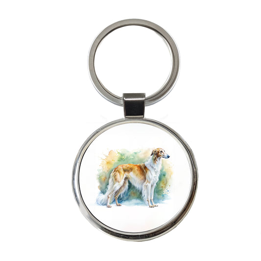 Borzoi Dog Watercolor Style Round Metal Keychain