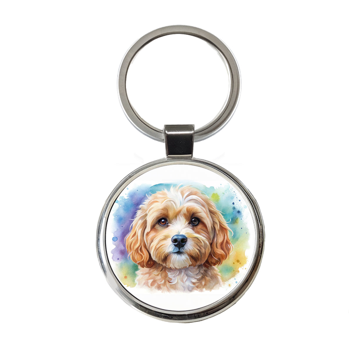 Cavapoo Dog Watercolor Style Round Metal Keychain