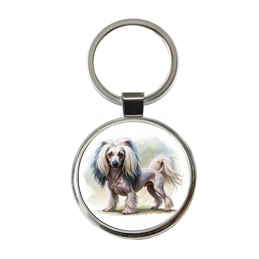 Chinese Crested Dog Illustration Round Metal Keychain