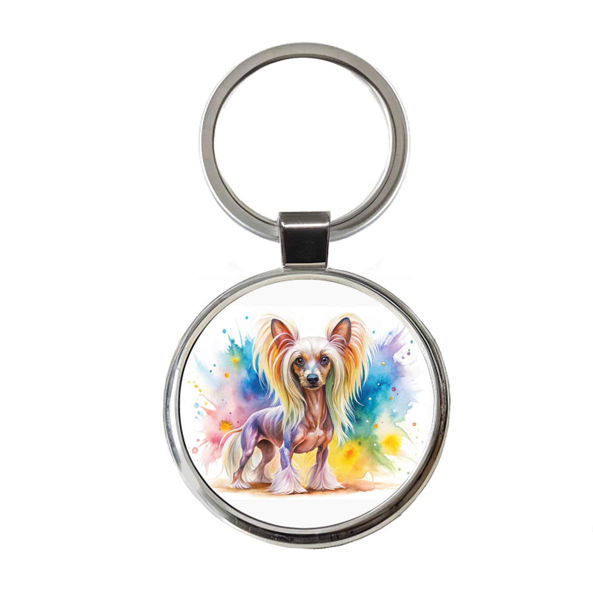 Chinese Crested Dog Watercolor Style Round Metal Keychain