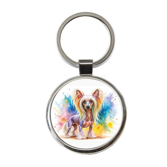 Chinese Crested Dog Watercolor Style Round Metal Keychain