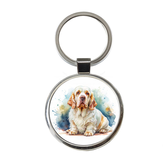 Clumber Spaniel Dog Watercolor Style Round Metal Keychain