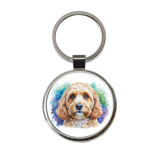Cockapoo Dog Watercolor Style Round Metal Keychain
