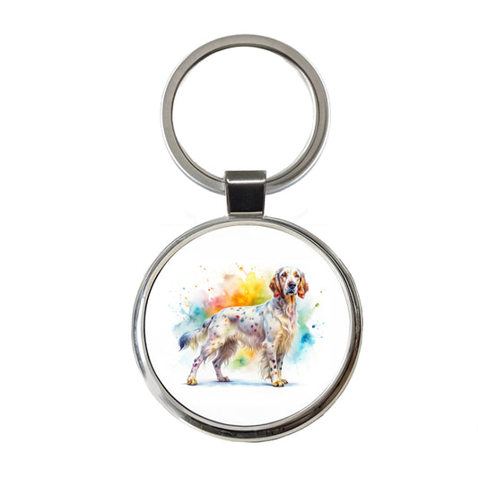 English Setter Dog Watercolor Style Round Metal Keychain