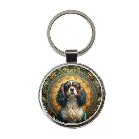 English Toy Spaniel Dog Art Nouveau Round Metal Keychain