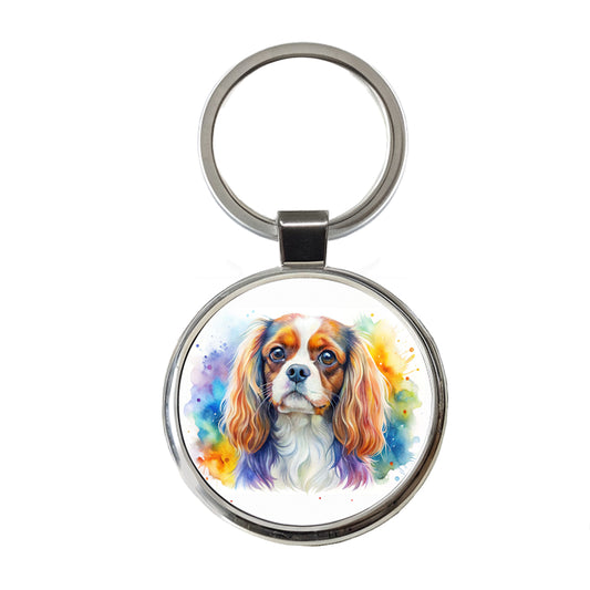 English Toy Spaniel Dog Watercolor Style Round Metal Keychain