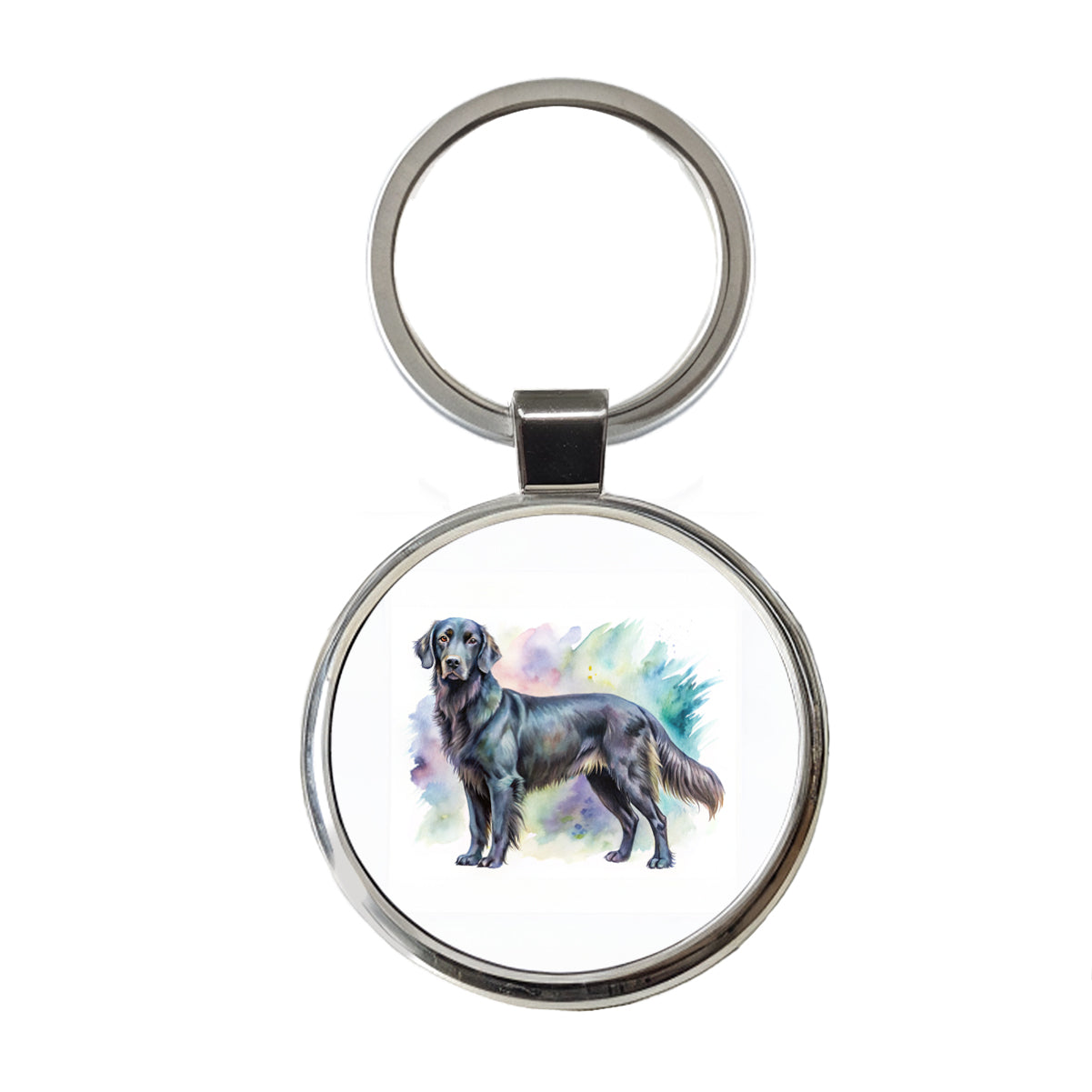 Flat Coated Retriever Dog Watercolor Style Round Metal Keychain