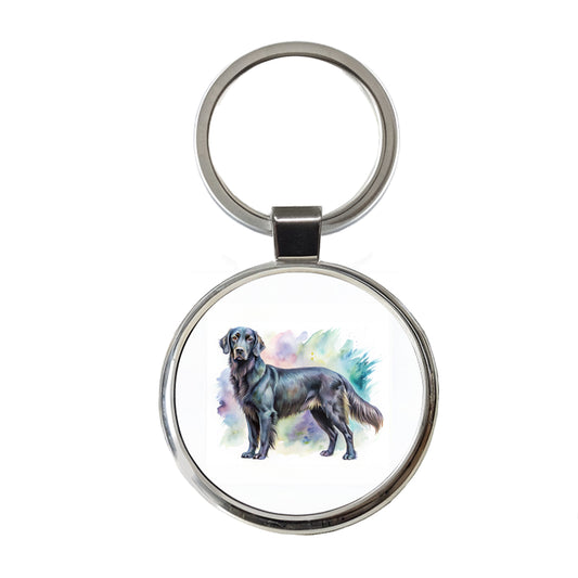 Flat Coated Retriever Dog Watercolor Style Round Metal Keychain