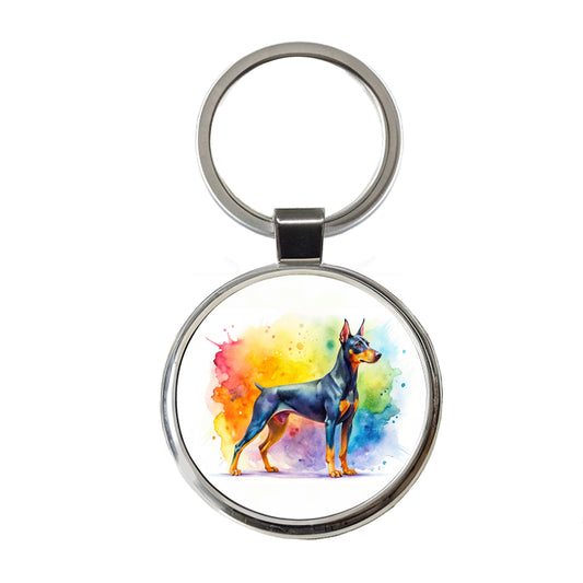 German Pinscher Dog Watercolor Style Round Metal Keychain