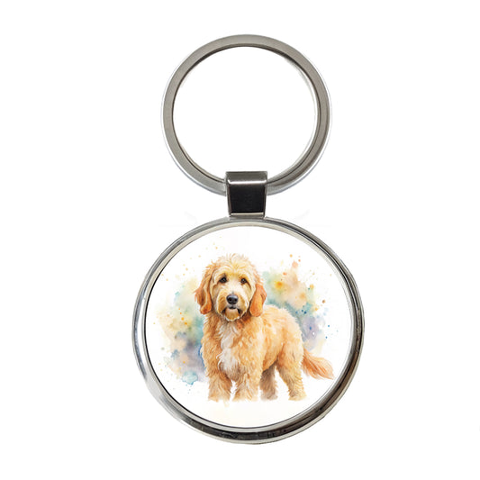 Goldendoodle Dog Watercolor Style Round Metal Keychain