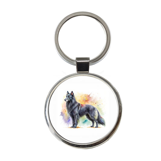 Groenendael Belgian Sheepdog Dog Watercolor Style Round Metal Keychain