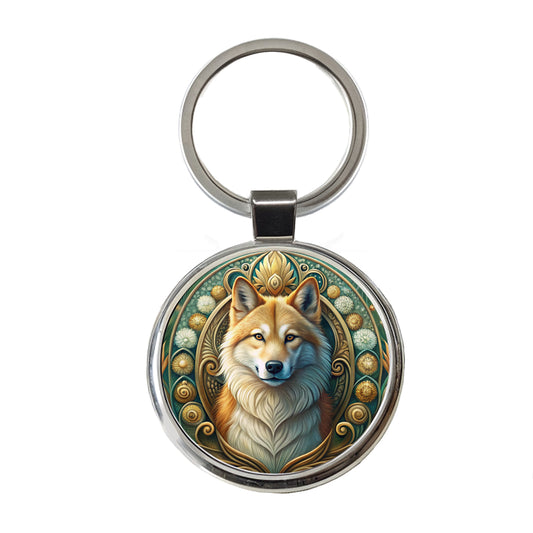 Icelandic Sheepdog Dog Art Nouveau Round Metal Keychain