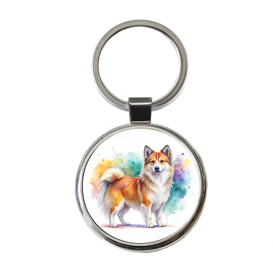 Icelandic Sheepdog Dog Watercolor Style Round Metal Keychain