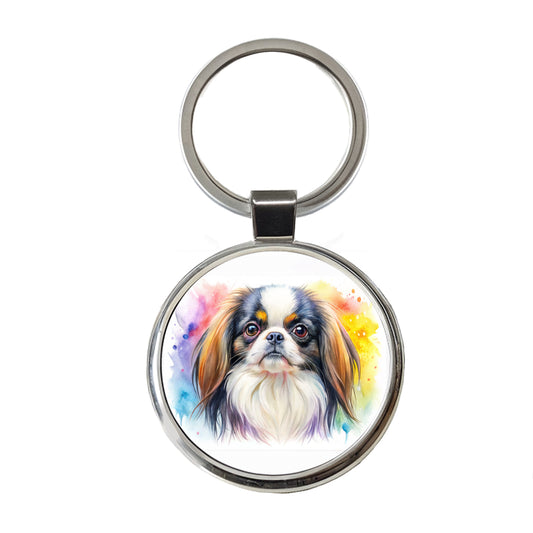 Japanese Chin Dog Watercolor Style Round Metal Keychain