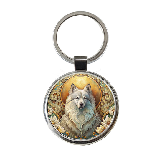 Keeshond Dog Art Nouveau Round Metal Keychain