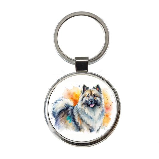 Keeshond Dog Watercolor Style Round Metal Keychain