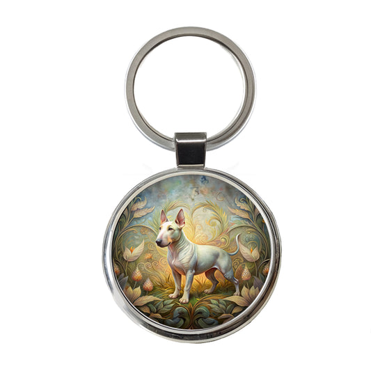 Miniature Bull Terrier Dog Art Nouveau Round Metal Keychain