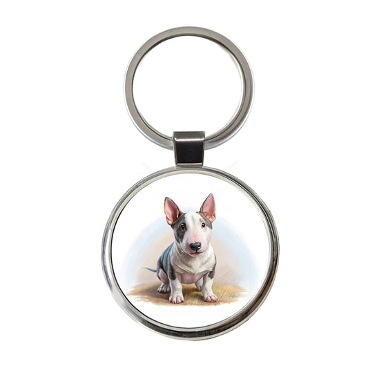 Miniature Bull Terrier Dog Illustration Round Metal Keychain