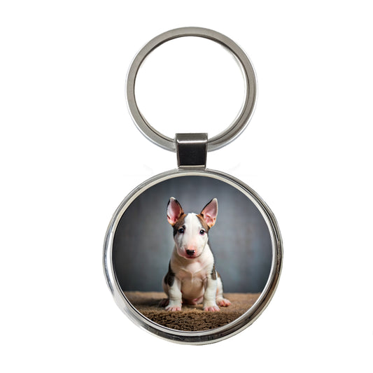 Miniature Bull Terrier Dog Puppy Photo Round Metal Keychain