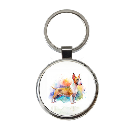 Miniature Bull Terrier Dog Watercolor Style Round Metal Keychain