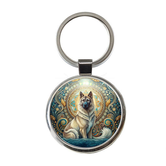 Norwegian Elkhound Dog Art Nouveau Round Metal Keychain