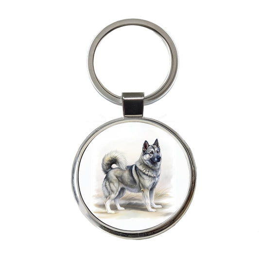 Norwegian Elkhound Dog Illustration Round Metal Keychain
