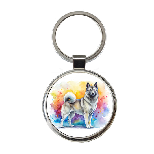 Norwegian Elkhound Dog Watercolor Style Round Metal Keychain