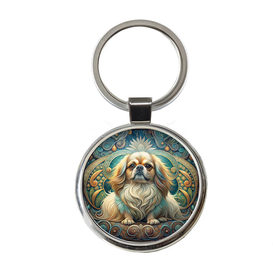 Pekingese Dog Art Nouveau Round Metal Keychain