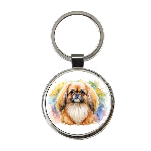 Pekingese Dog Watercolor Style Round Metal Keychain
