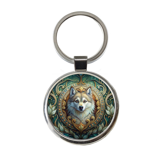 Pomsky Dog Art Nouveau Round Metal Keychain