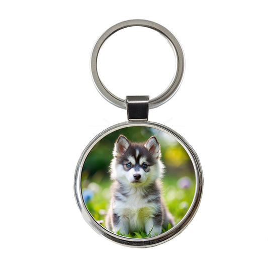 Pomsky Dog Puppy Photo Round Metal Keychain