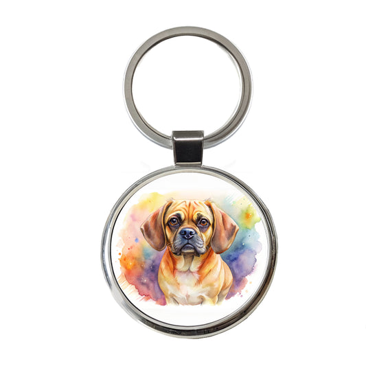 Puggle Dog Watercolor Style Round Metal Keychain
