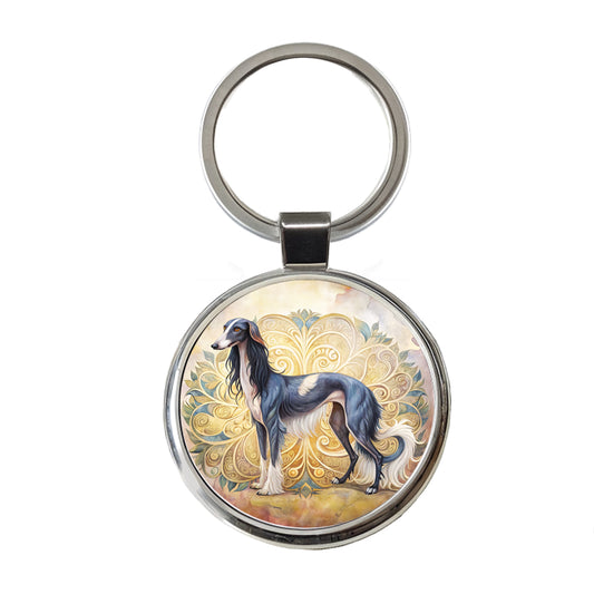 Saluki Dog Art Nouveau Round Metal Keychain