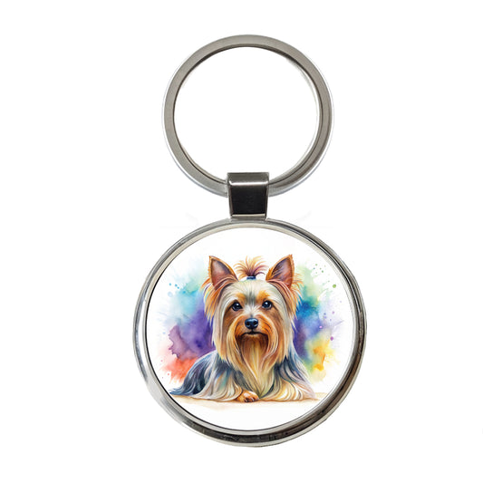 Silky Terrier Dog Watercolor Style Round Metal Keychain